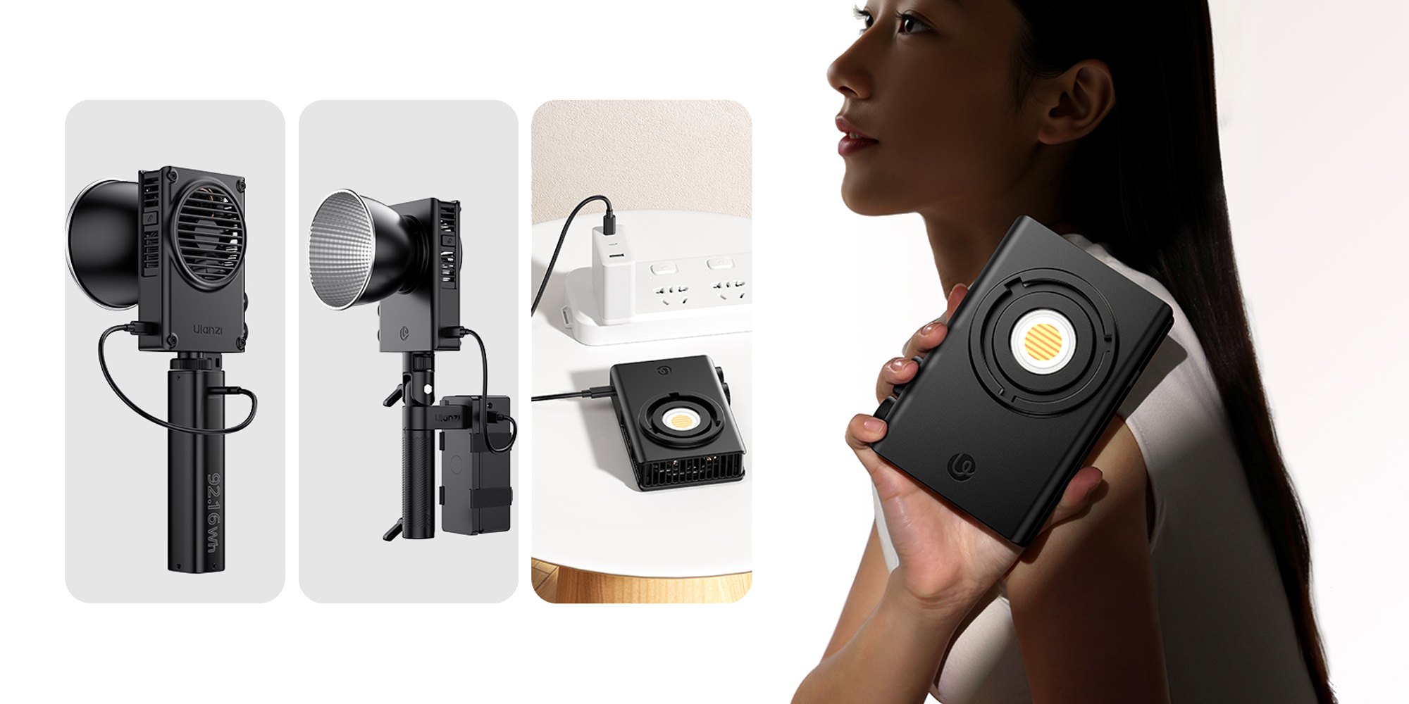 Lampa LED Ulanzi C01 - WB (2700 K - 6500 K) zaprezentowana z różnymi źródłami zasilania i kobieta trzymająca ją w dłoni